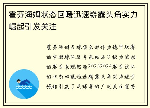 霍芬海姆状态回暖迅速崭露头角实力崛起引发关注