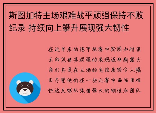 斯图加特主场艰难战平顽强保持不败纪录 持续向上攀升展现强大韧性